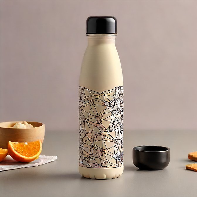 Cream steel bottle with a modern artistic design, professionally photographed in a studio.