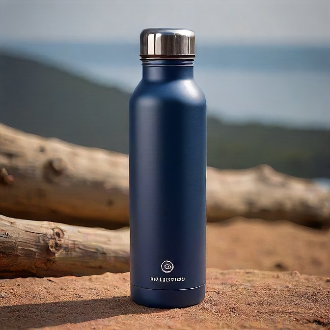 High-end photoshoot of a navy blue temperature-controlled water bottle, resting on a reflective tabletop.