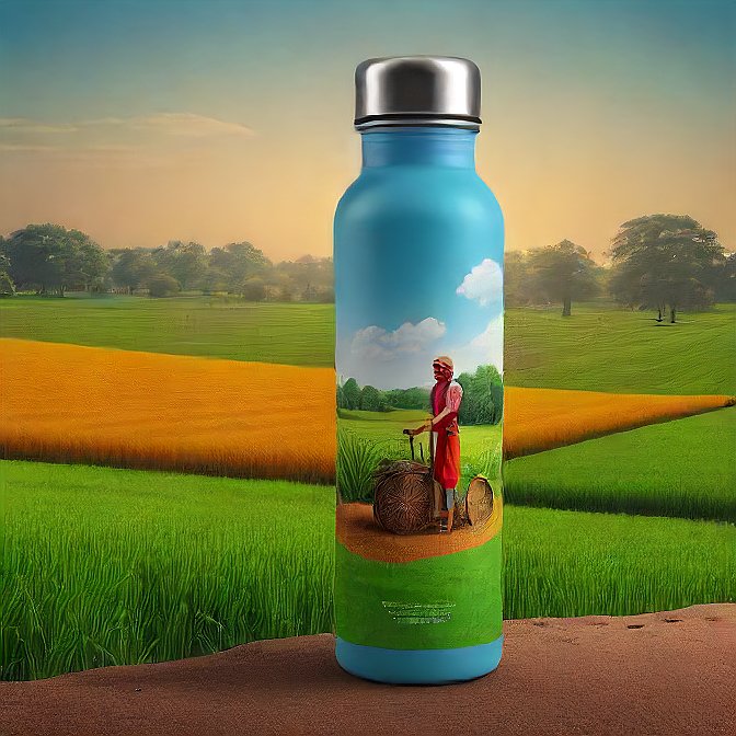 Stainless steel bottle with wrap-around artwork of Indian agriculture and nature.