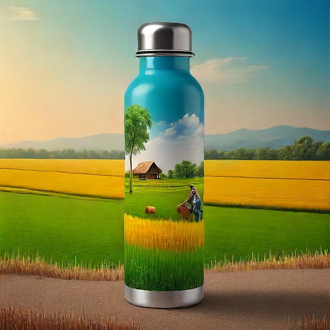 Modern hot and cold bottle with Indian village and farming elements on its surface.