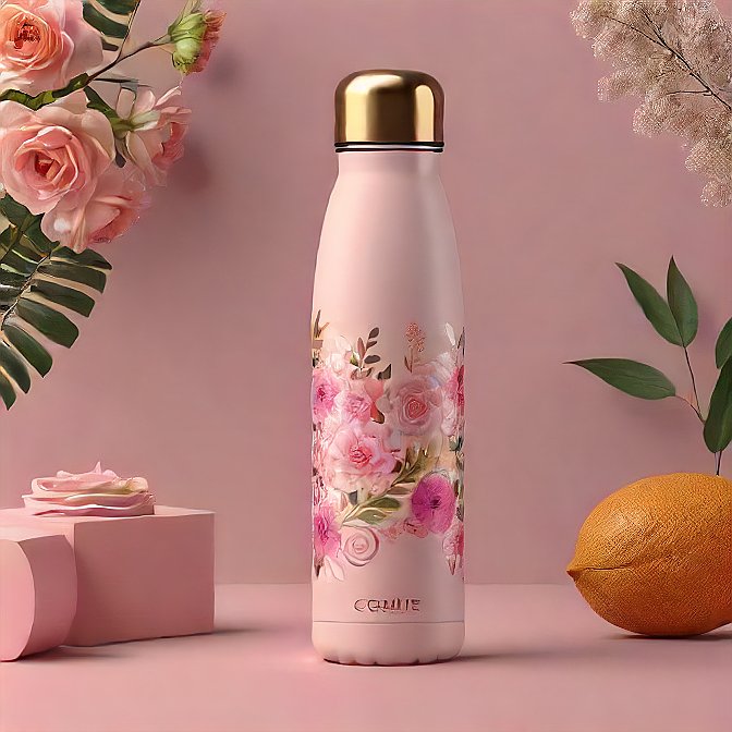 Leak-proof thermal water bottle in pink with delicate floral patterns, captured in a studio environment