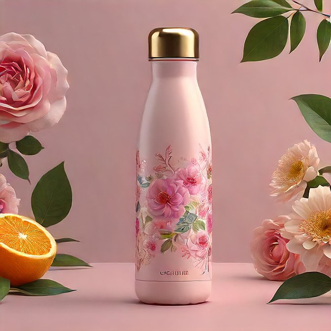 Studio shot of a floral-themed pink insulated water bottle, emphasizing its thermal properties and stainless steel design.