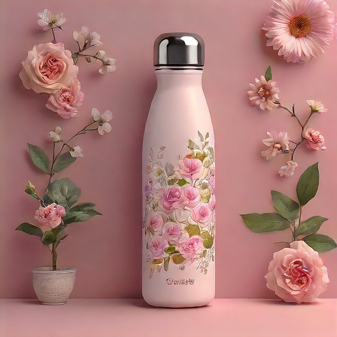 Floral pink thermal water bottle, photographed in a professional setting, featuring a durable stainless steel body.