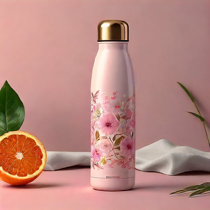 Pink floral thermal water bottle, captured in a professional studio, highlighting its durable and insulated design