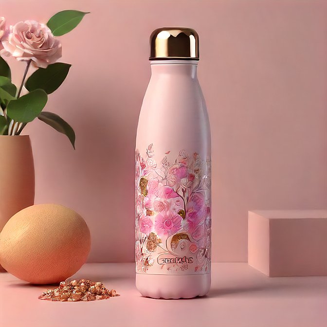 Professionally captured pink insulated water bottle with floral patterns, ideal for keeping drinks hot or cold.