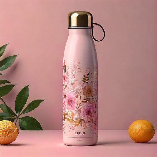 Professional studio shot of a pink floral insulated water bottle with a leak-proof design and stainless steel cap.