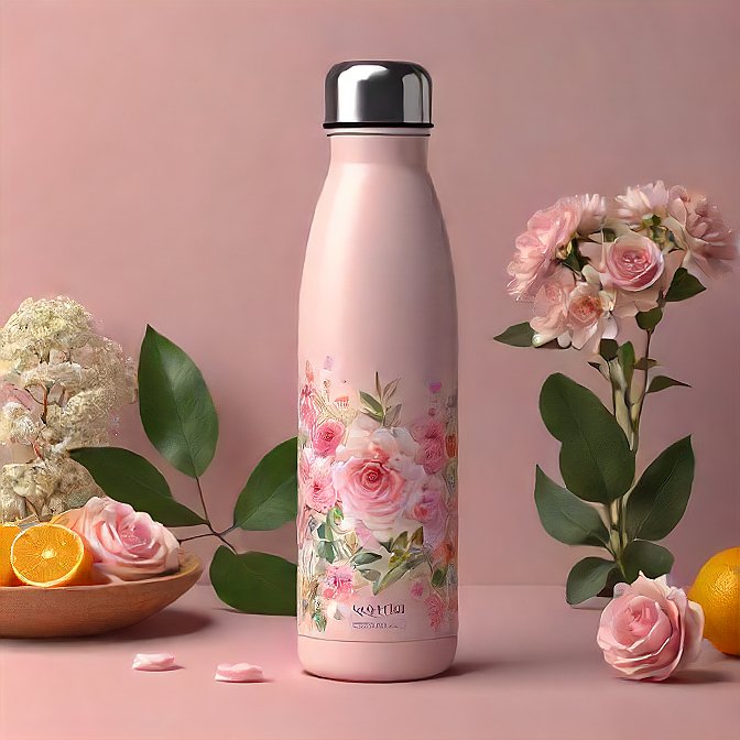 Studio shot of a floral pink leak-proof water bottle, emphasizing its insulated stainless steel construction.