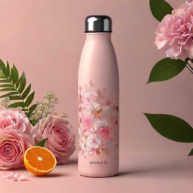 Pink floral thermal water bottle, captured in a professional studio, highlighting its durable and insulated design.