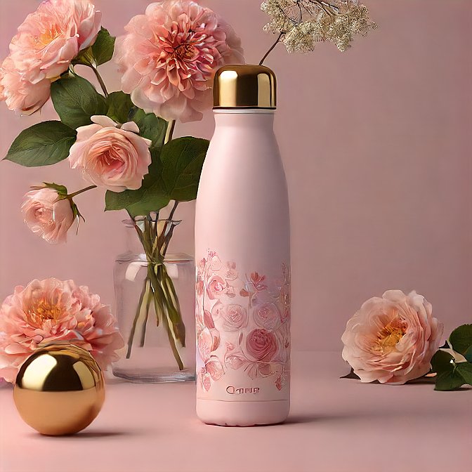 Close-up of a floral pink steel bottle in a professional studio, highlighting its thermal insulation and leak-proof design.