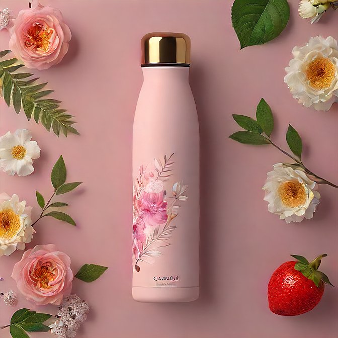 Stainless steel insulated water bottle in pink with floral designs, photographed in a professional product shoot.