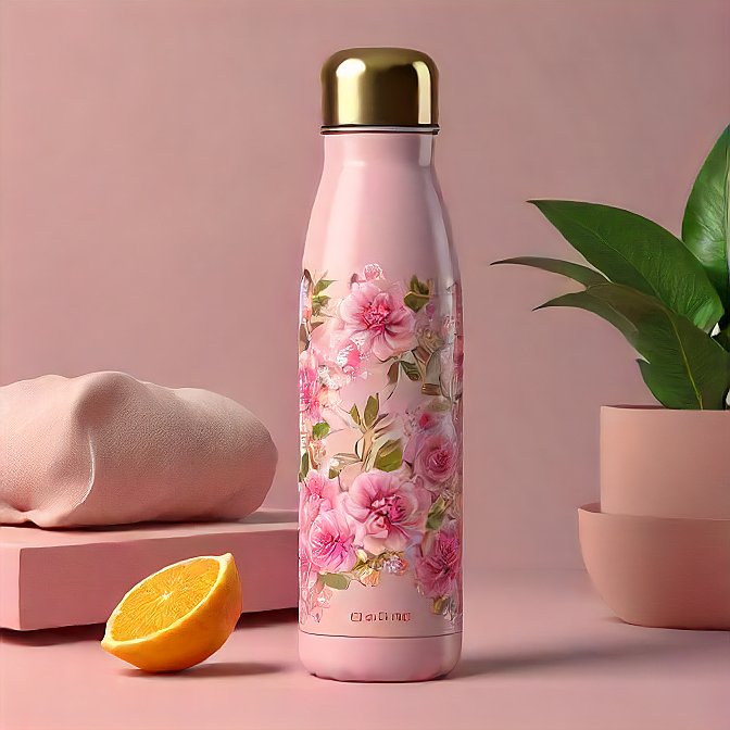 Stainless steel floral water bottle in pink, professionally captured to emphasize its insulation and leak-proof qualities.